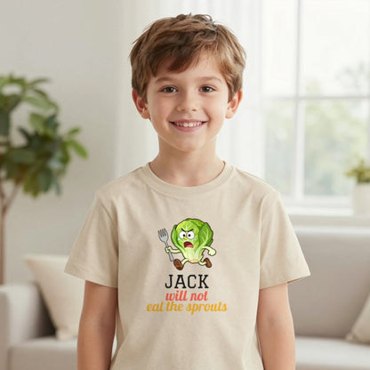 Kids Personalised Will Not Eat The Sprouts Christmas T-Shirt & Sweatshirt T-Shirt in Sand, worn, our photo