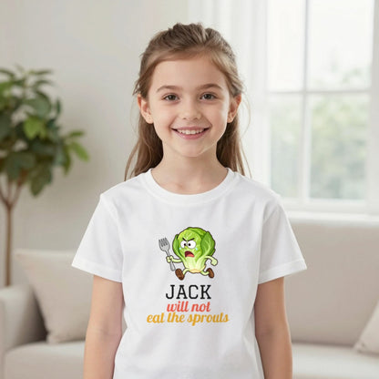 Kids Personalised Will Not Eat The Sprouts Christmas T-Shirt & Sweatshirt T-Shirt in White, worn, our photo