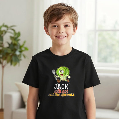 Kids Personalised Will Not Eat The Sprouts Christmas T-Shirt & Sweatshirt T-Shirt in Black, worn, our photo