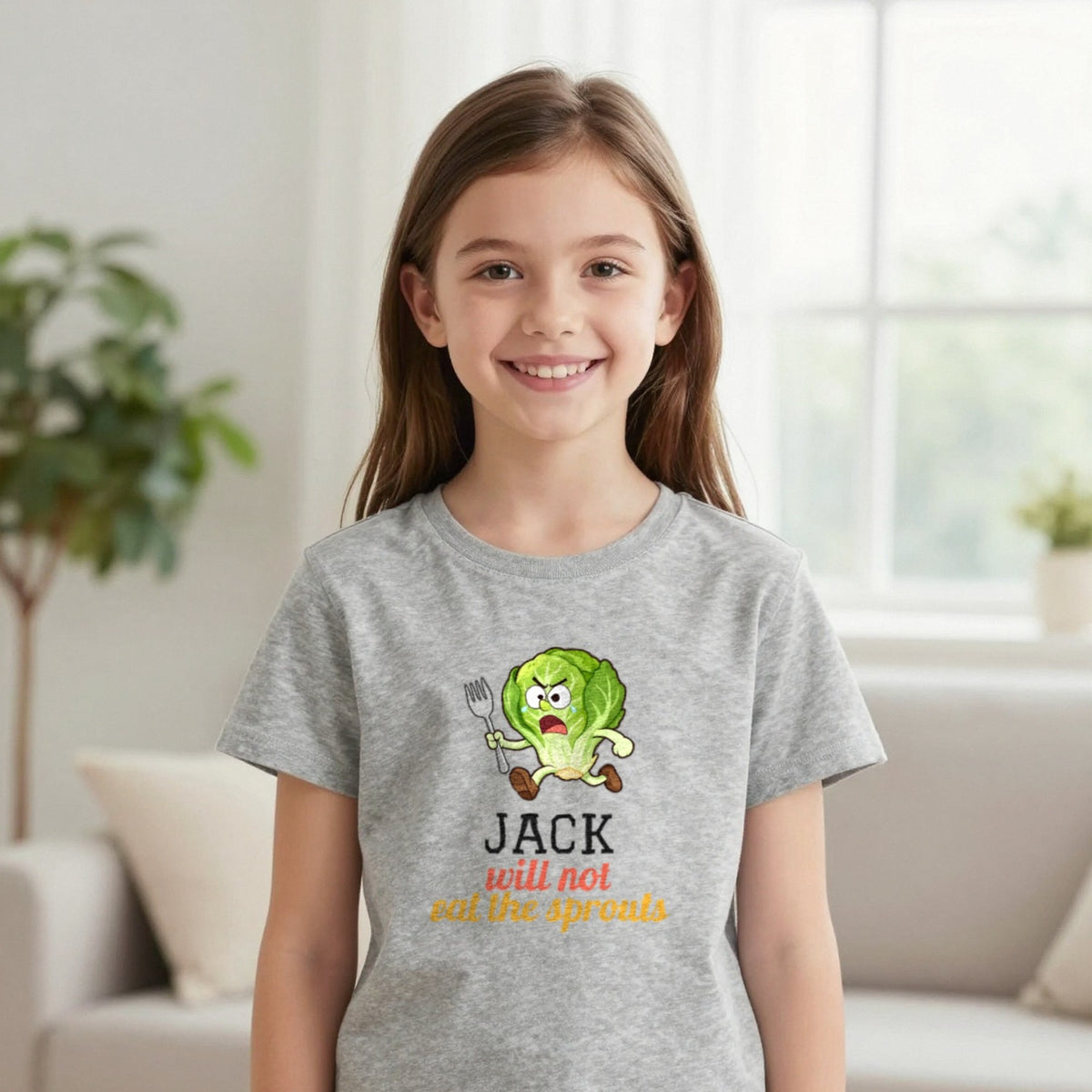 Kids Personalised Will Not Eat The Sprouts Christmas T-Shirt & Sweatshirt T-Shirt in Sport Grey, worn, our photo