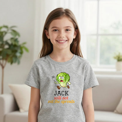 Kids Personalised Will Not Eat The Sprouts Christmas T-Shirt & Sweatshirt T-Shirt in Sport Grey, worn, our photo