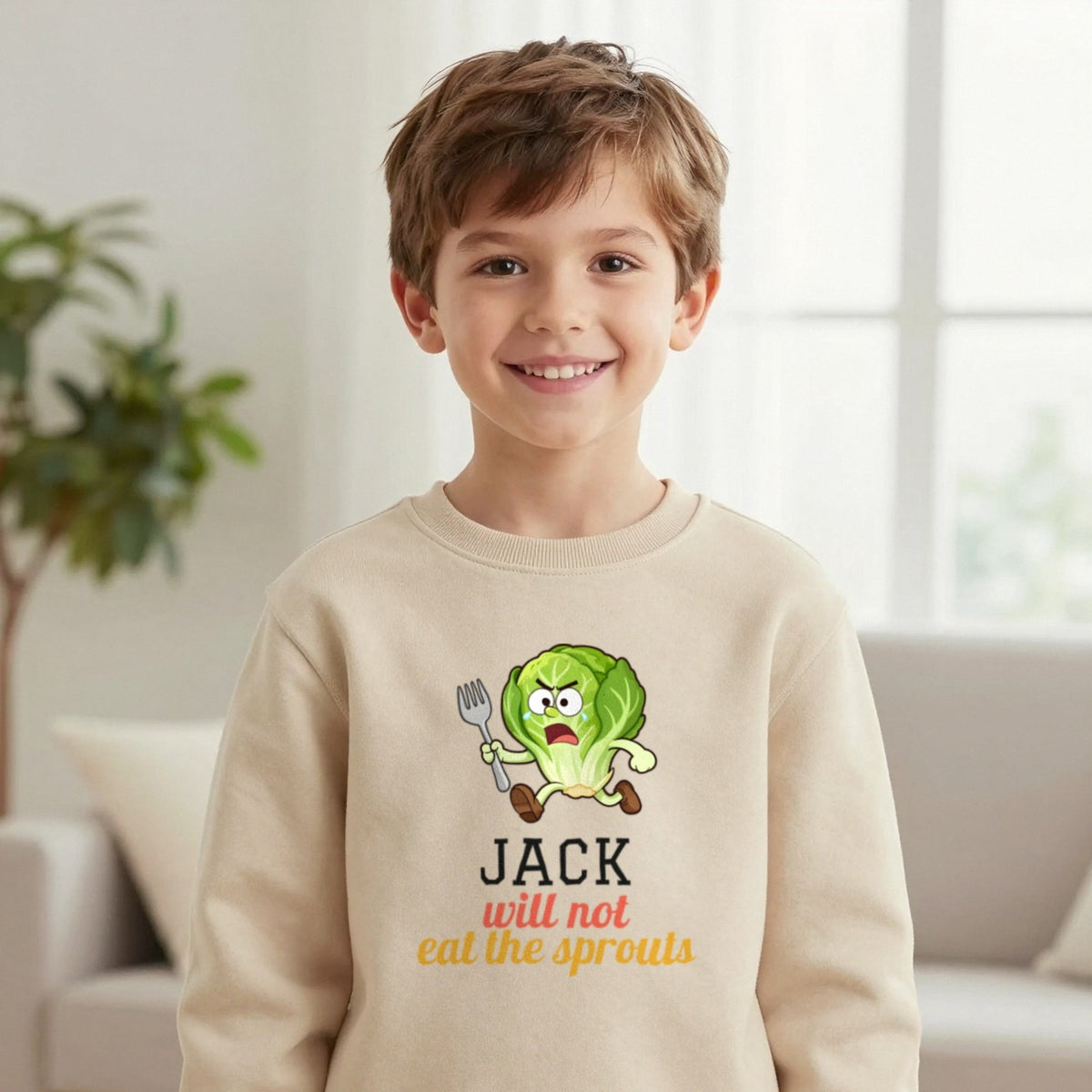 Kids Personalised Will Not Eat The Sprouts Christmas T-Shirt & Sweatshirt Sweatshirt in Sand, worn, our photo
