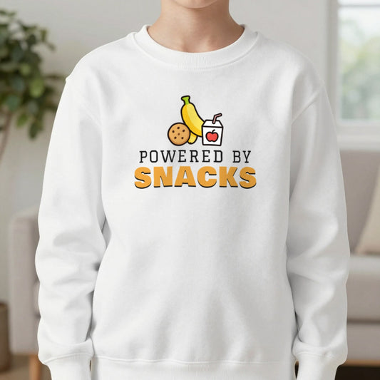 Kids Powered By Snacks Funny T-Shirt & Sweatshirt in White (Sweatshirt), worn, our photo