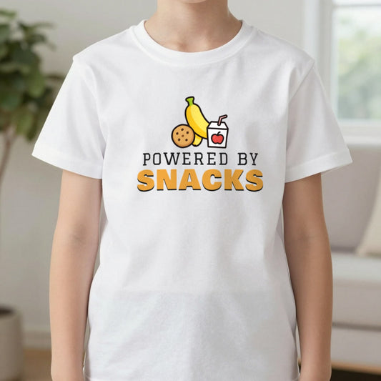 Kids Powered By Snacks Funny T-Shirt & Sweatshirt in White (T-Shirt), worn, our photo