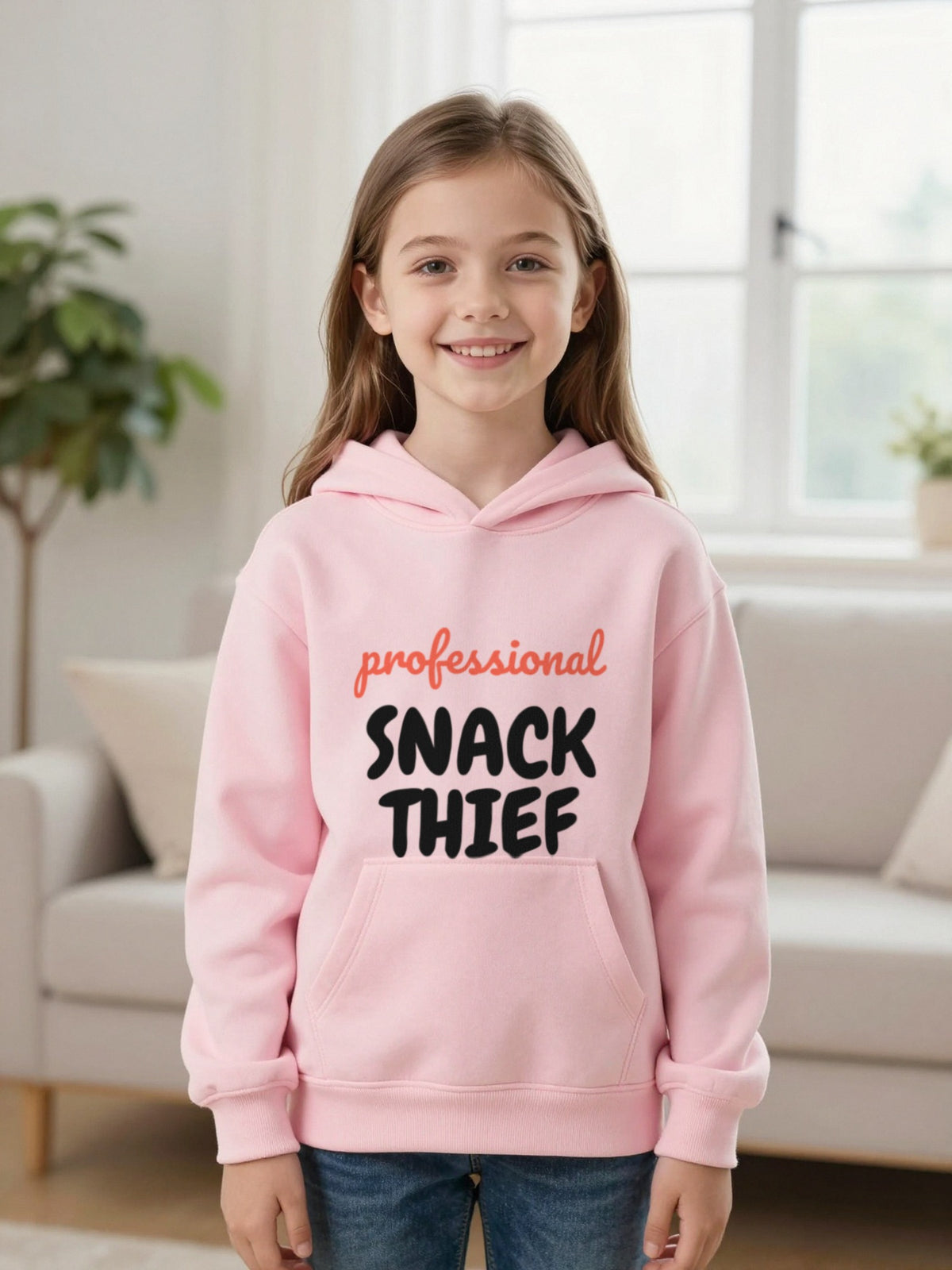Kids Professional Snack Thief T-Shirt, Sweatshirt & Hoodie Hoodie in Light Pink, worn by a child