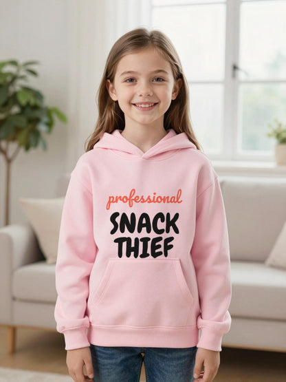 Kids Professional Snack Thief T-Shirt, Sweatshirt & Hoodie Hoodie in Light Pink, worn by a child