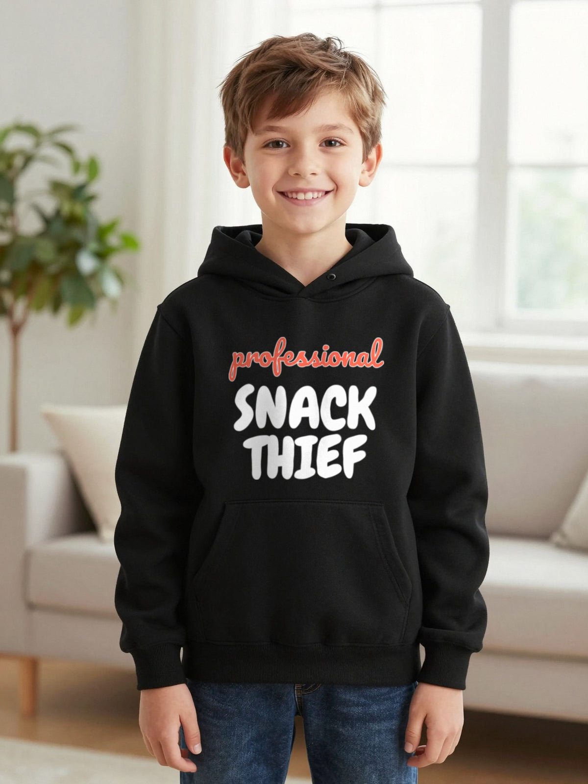 Kids Professional Snack Thief T-Shirt, Sweatshirt & Hoodie Hoodie in Black, worn by a child