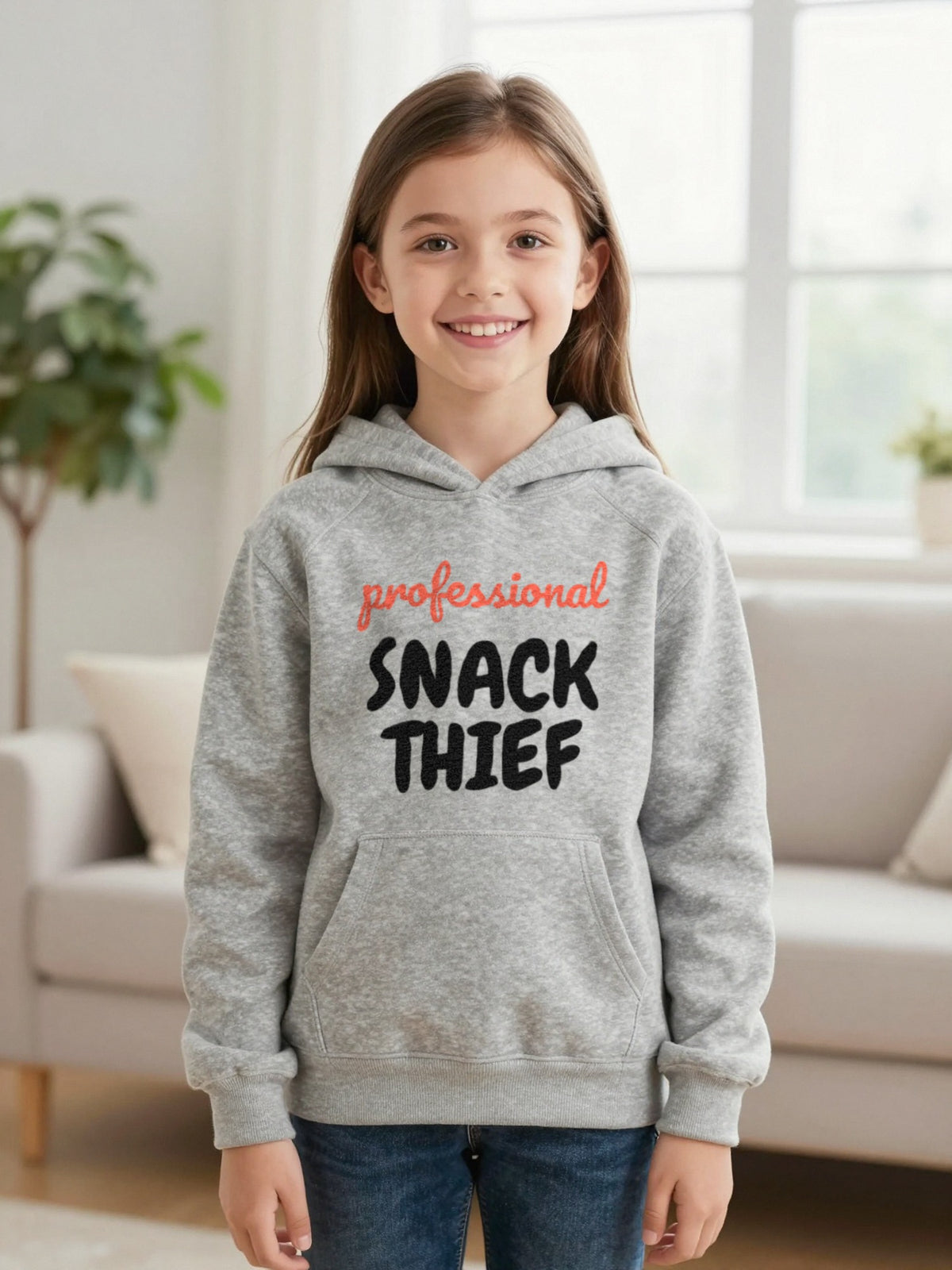 Kids Professional Snack Thief T-Shirt, Sweatshirt & Hoodie Hoodie in Sport Grey, worn by a child
