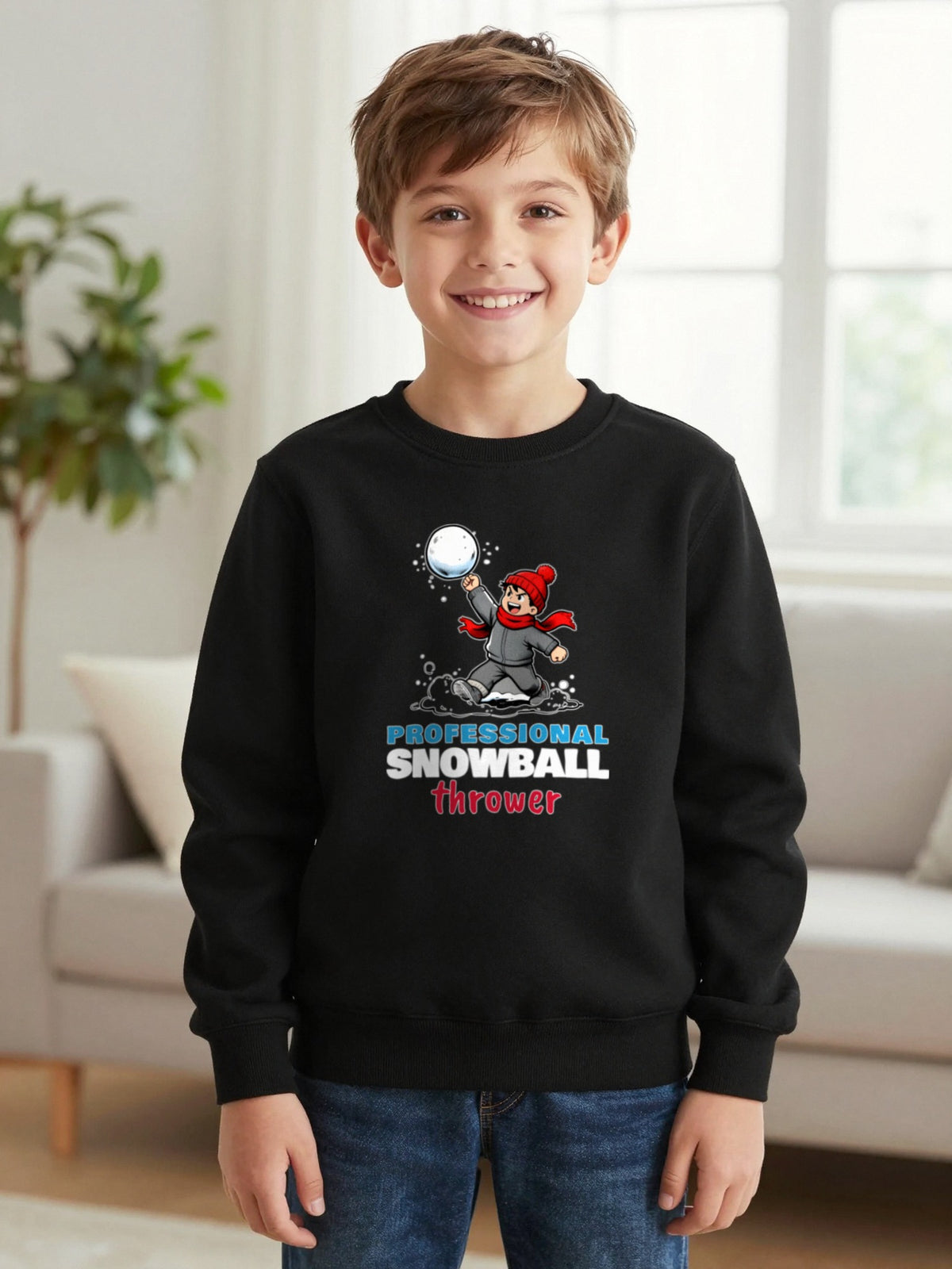 Kids Professional Snowball Thrower Christmas T-Shirt & Jumper worn by a child, another colour