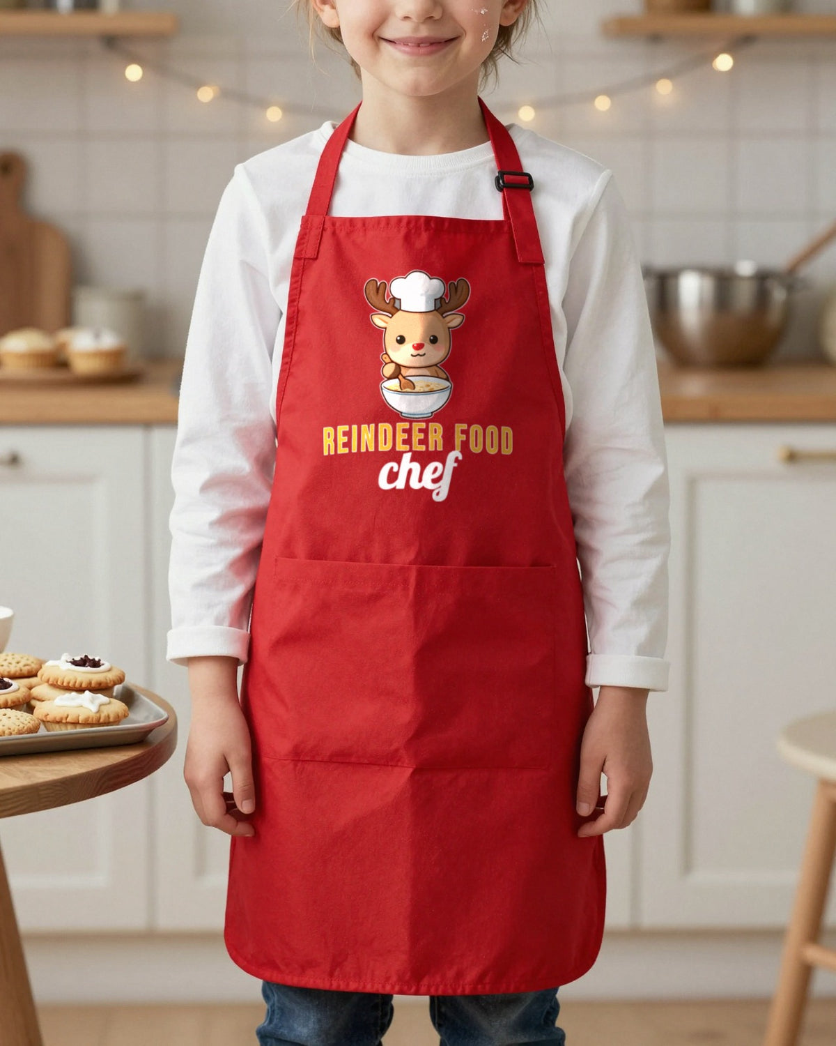 Reindeer Food Chef kids apron in Red, worn, our photo