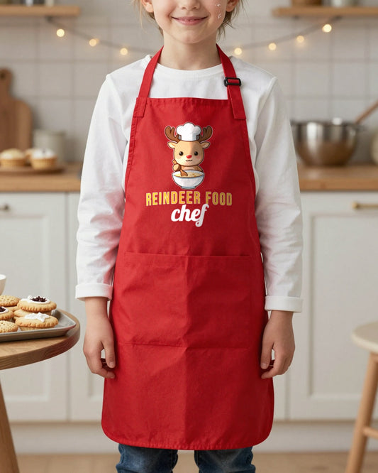 Reindeer Food Chef kids apron in Red, worn, our photo