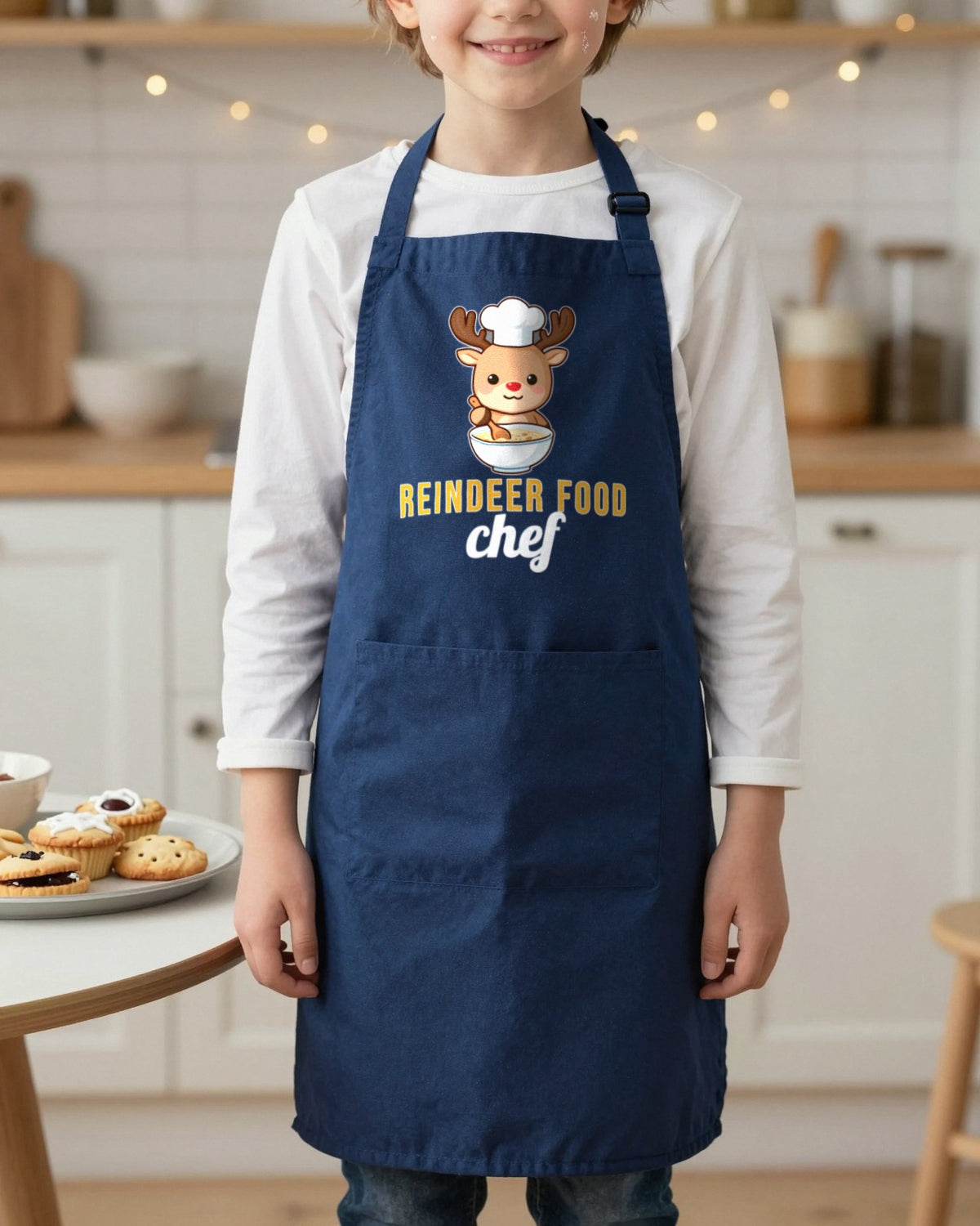 Reindeer Food Chef kids apron in Navy, worn, our photo
