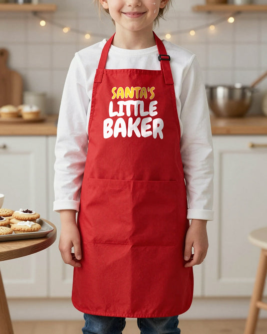 Santa's Little Baker kids apron in Red, worn, our photo