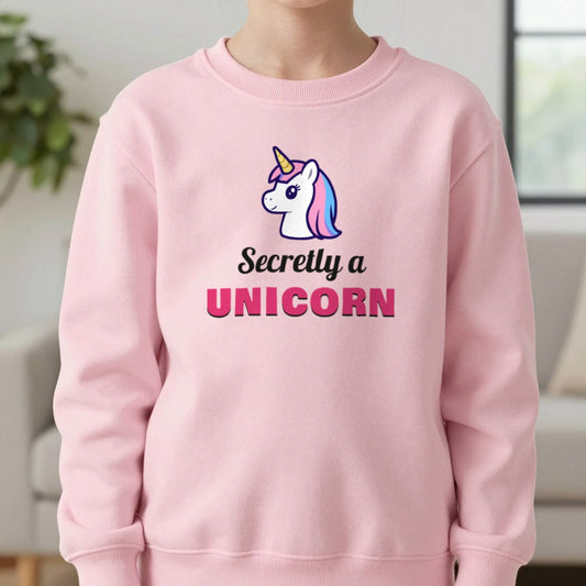 Kids Secretly A Unicorn T-Shirt & Sweatshirt in Light Pink (Sweatshirt), worn, our photo