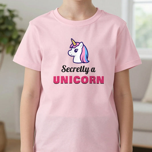 Kids Secretly A Unicorn T-Shirt & Sweatshirt in Light Pink (T-Shirt), worn, our photo