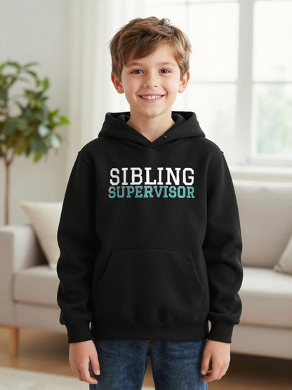 Kids Sibling Supervisor T-Shirt, Sweatshirt & Hoodie Hoodie in Black, worn by a child