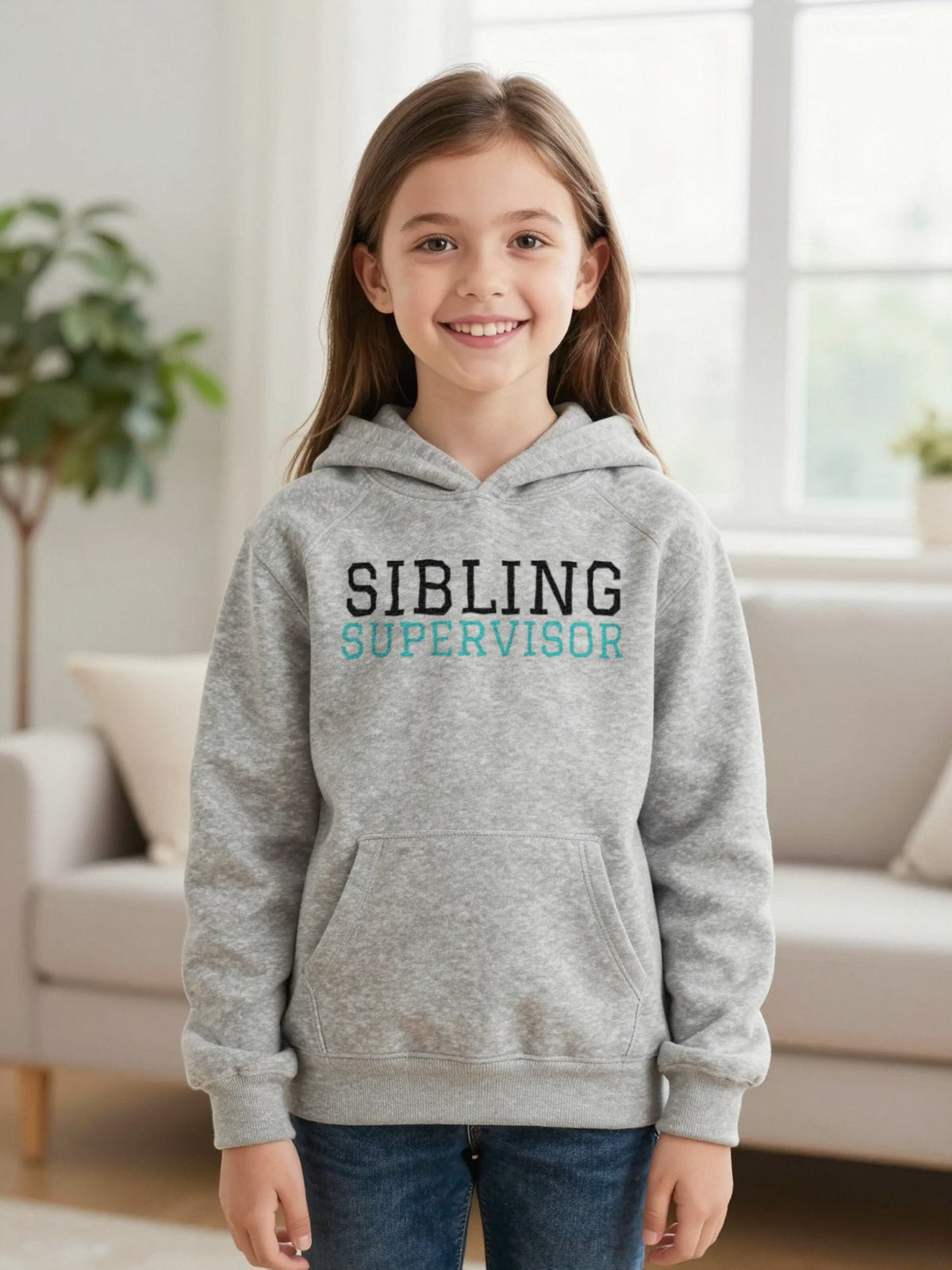 Kids Sibling Supervisor T-Shirt, Sweatshirt & Hoodie Hoodie in Sport Grey, worn by a child