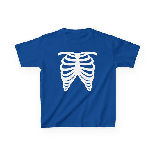 bright blue kids t-shirt with white skeleton rib cage graphic