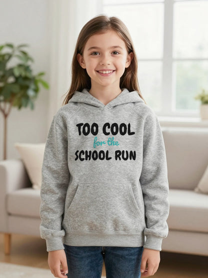 Kids Too Cool For The School Run T-Shirt, Sweatshirt & Hoodie Hoodie in Sport Grey, worn by a child