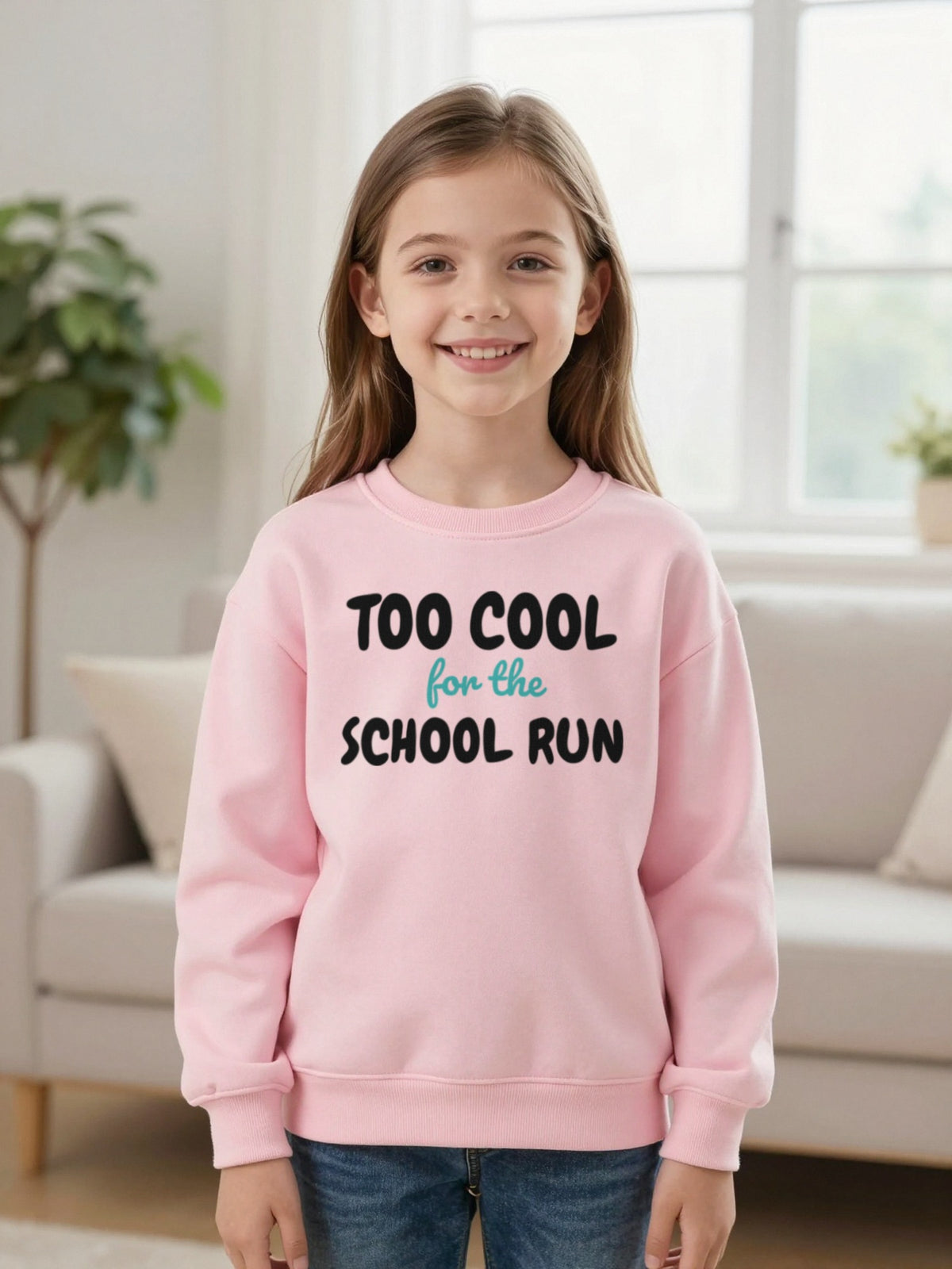 Kids Too Cool For The School Run T-Shirt, Sweatshirt & Hoodie worn by a child, another colour
