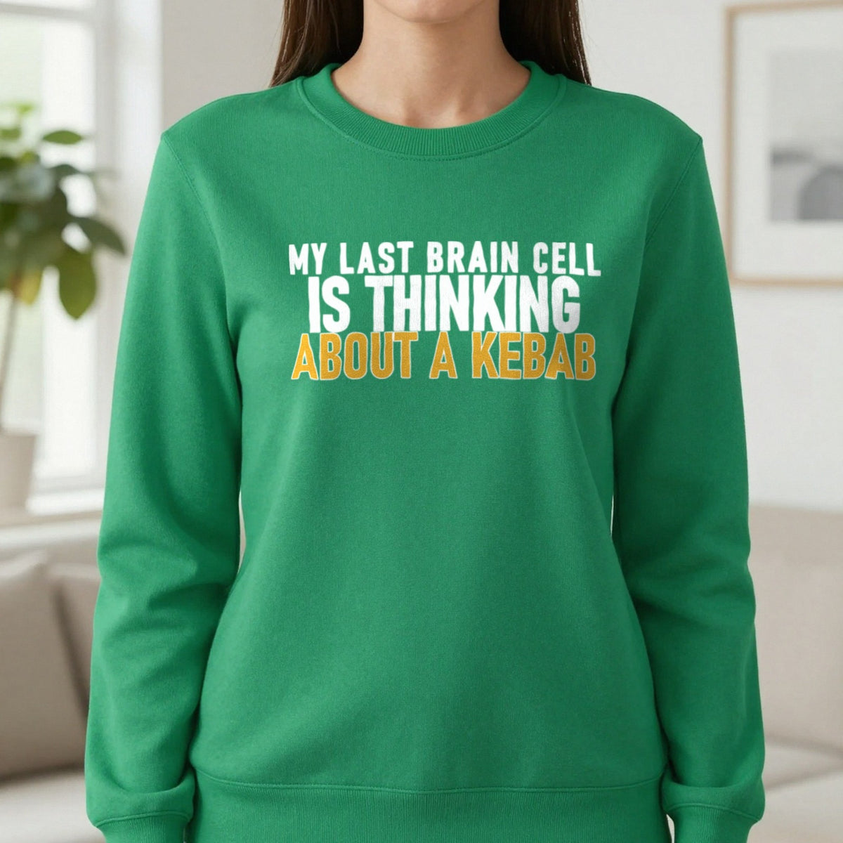 My Last Brain Cell Is Thinking About A Kebab Funny Food T-Shirt & Sweatshirt in Irish Green, worn, our photo