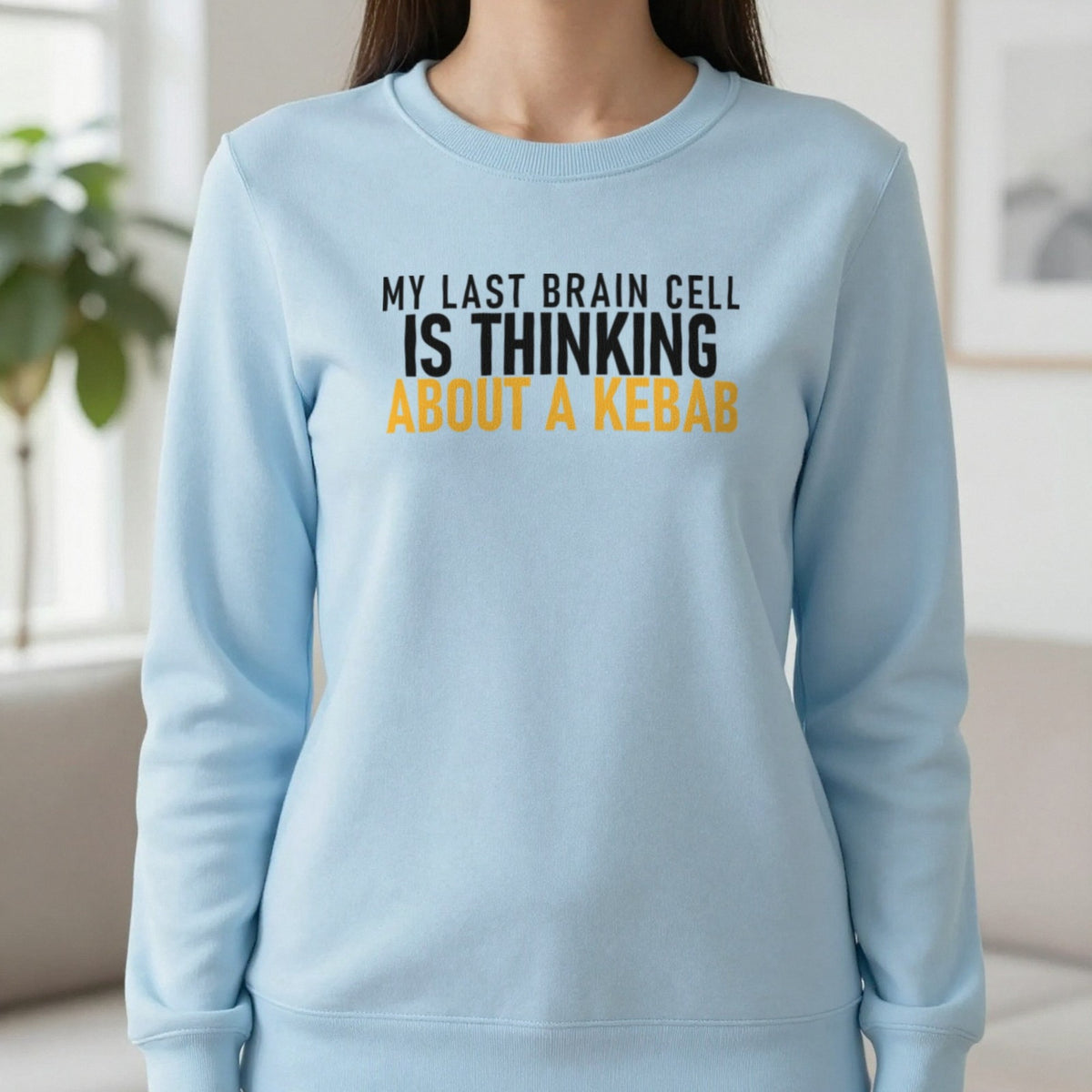 My Last Brain Cell Is Thinking About A Kebab Funny Food T-Shirt & Sweatshirt in Light Blue, worn, our photo