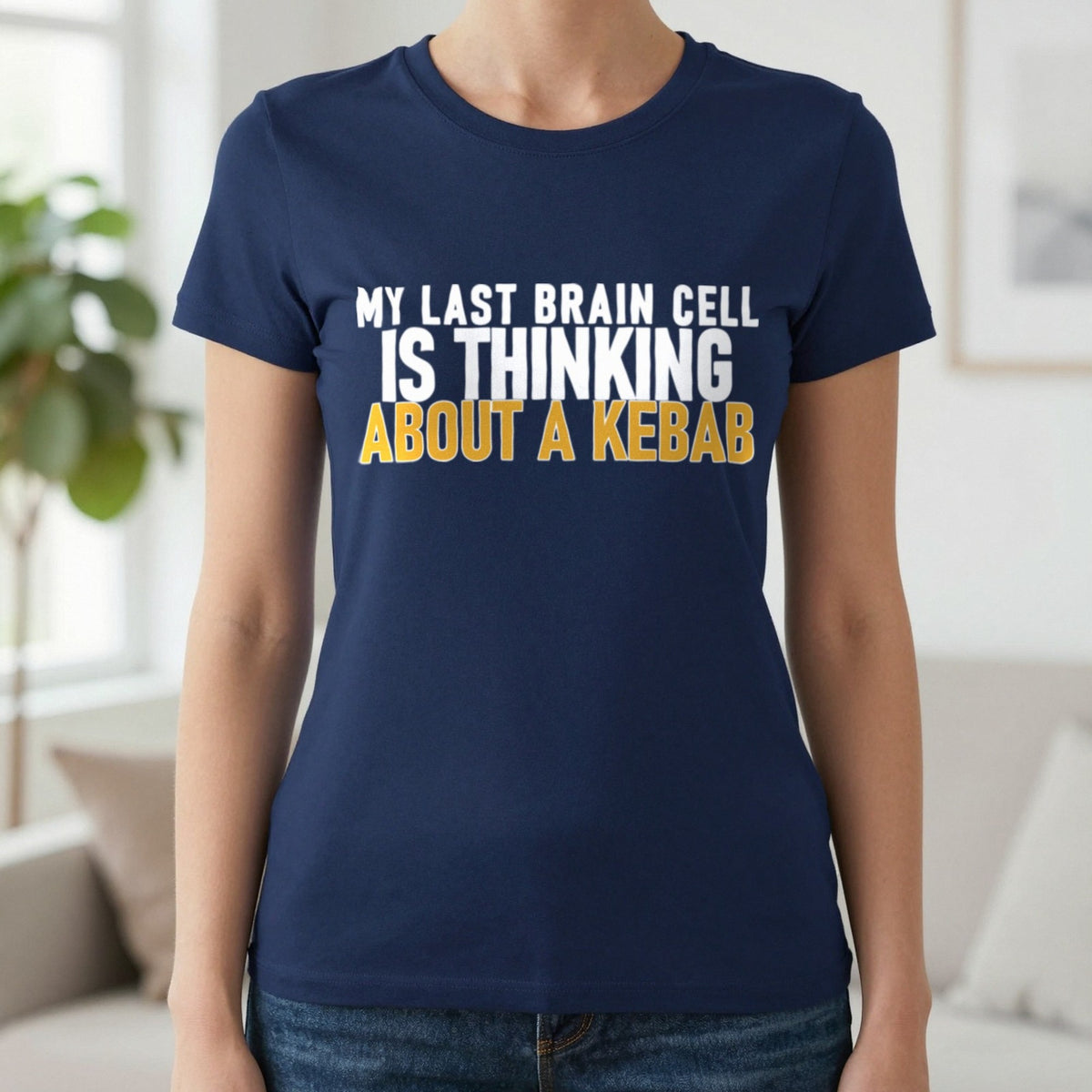My Last Brain Cell Is Thinking About A Kebab Funny Food T-Shirt & Sweatshirt in Navy, worn, our photo