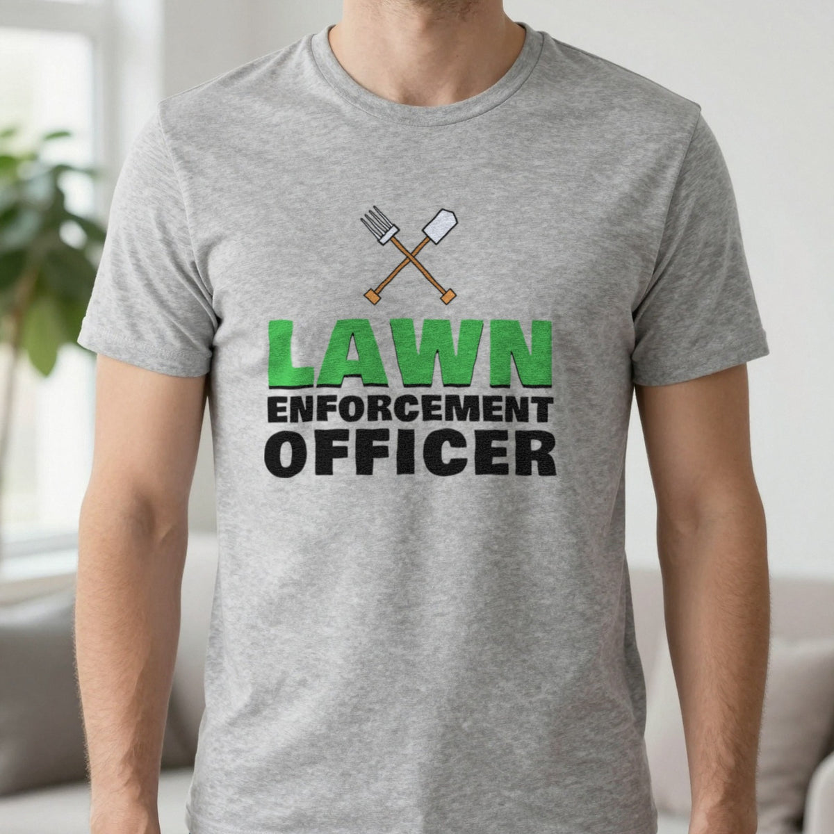 Lawn Enforcement Officer Funny Gardening T-Shirt & Sweatshirt in Sport Grey (T-Shirt), worn, our photo
