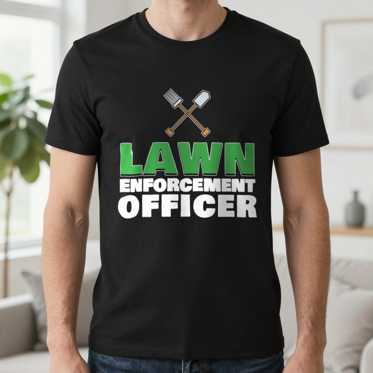 Lawn Enforcement Officer Funny Gardening T-Shirt & Sweatshirt in Black (T-Shirt), worn, our photo