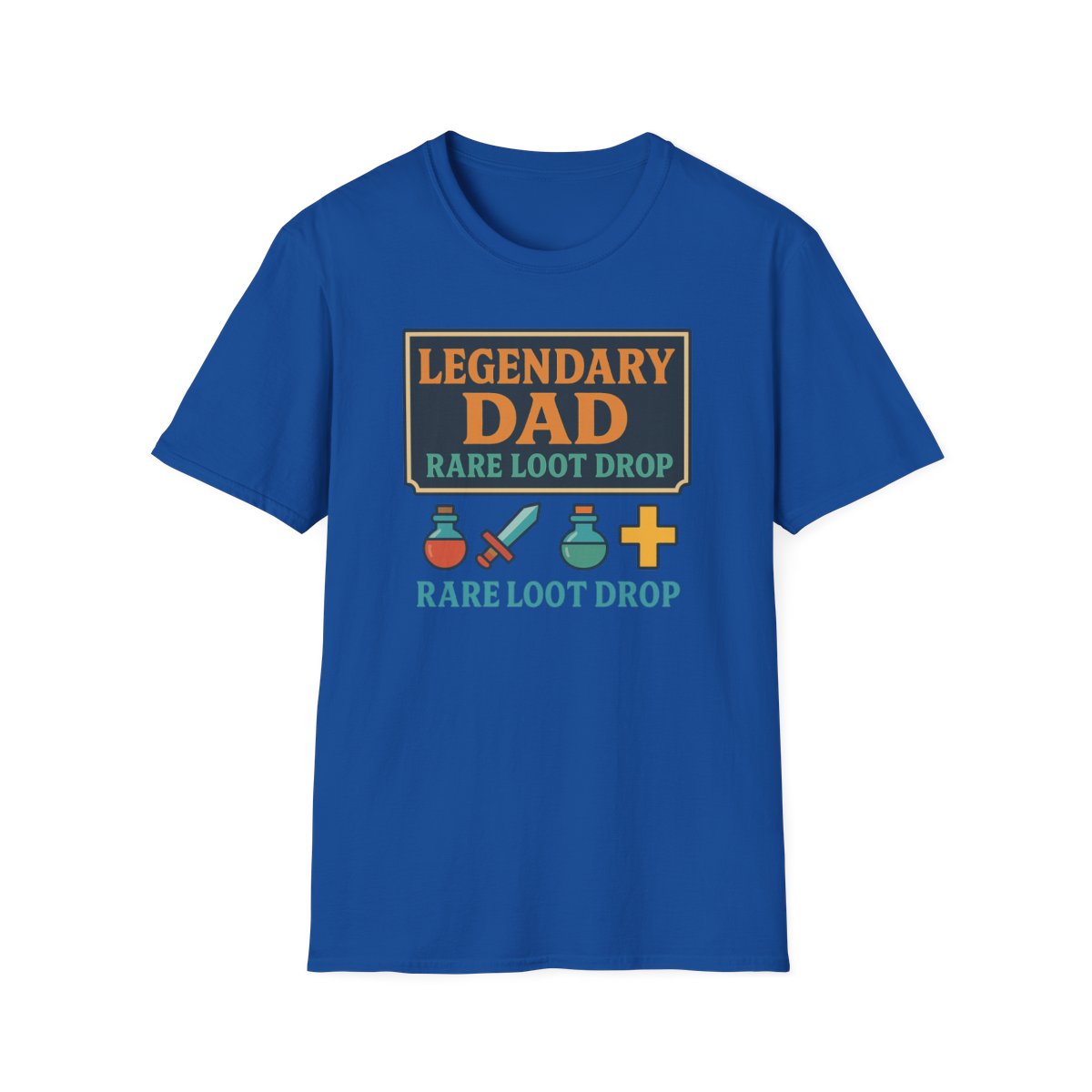 light blue t-shirt with legendary dad loot drop gaming design