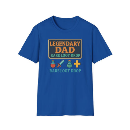 light blue t-shirt with legendary dad loot drop gaming design