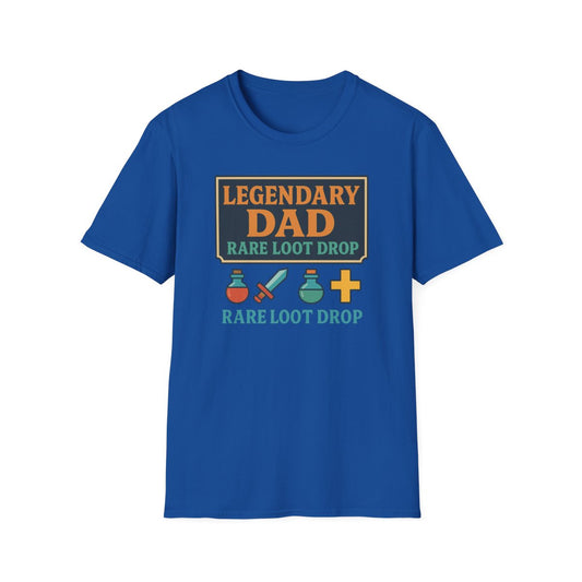 light blue t-shirt with legendary dad loot drop gaming design