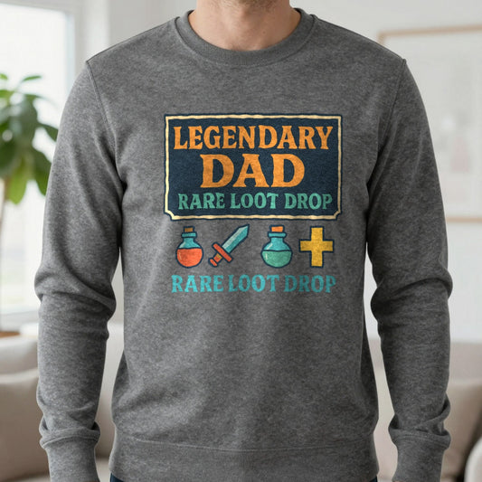 Legendary Dad Rare Loot Drop Sweatshirt in Dark Heather, worn, our photo