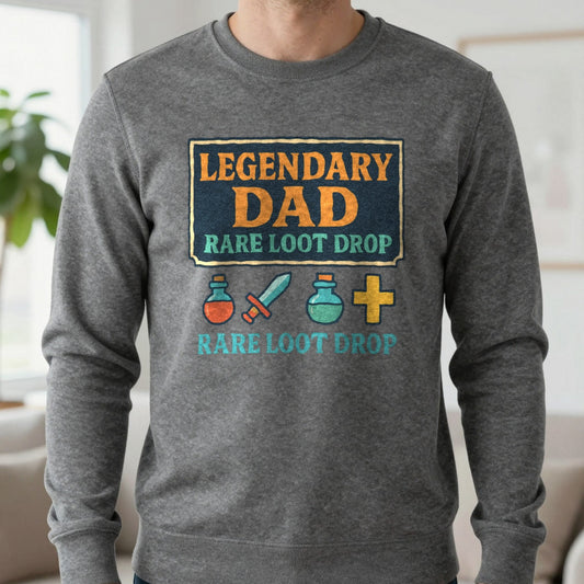 Legendary Dad Rare Loot Drop Sweatshirt in Dark Heather, worn, our photo