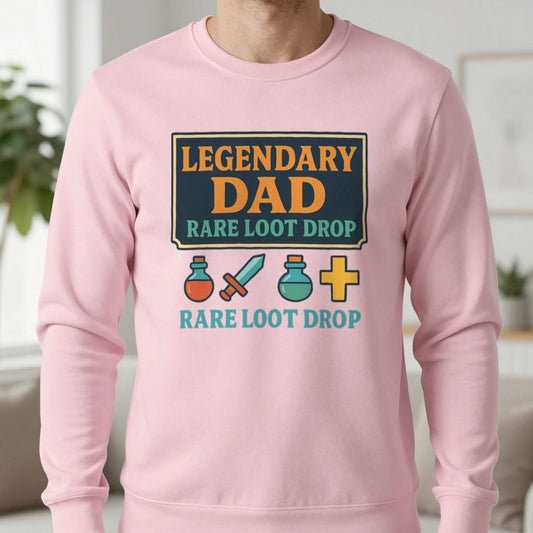 Legendary Dad Rare Loot Drop Sweatshirt in Light Pink, worn, our photo