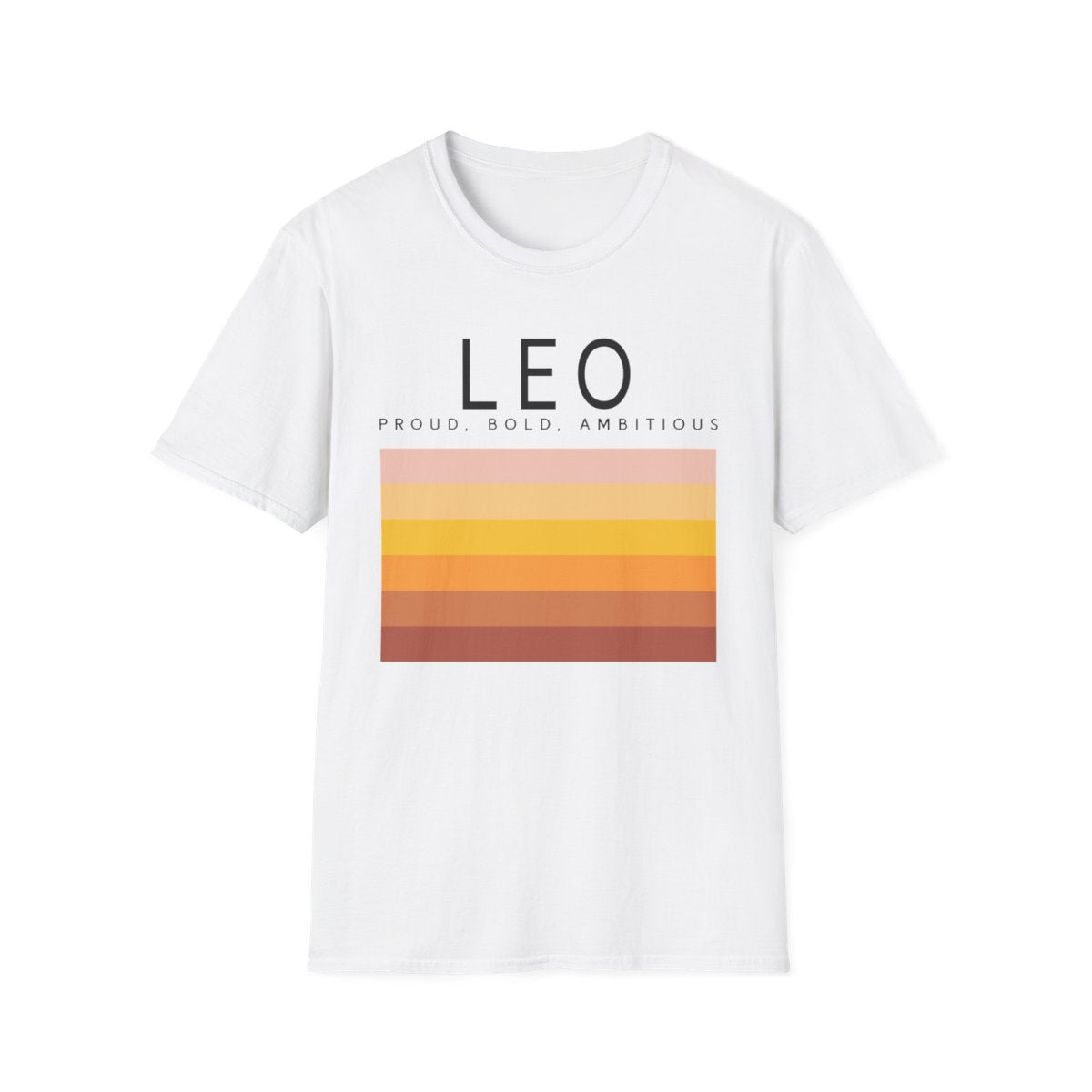 white t-shirt with modern leo zodiac sunset artwork front print