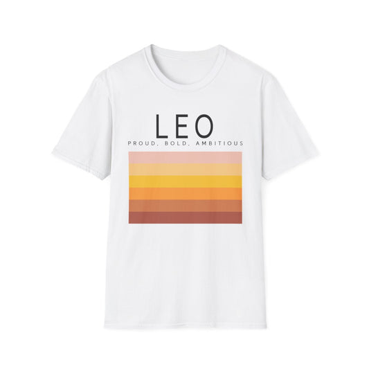 white t-shirt with modern leo zodiac sunset artwork front print