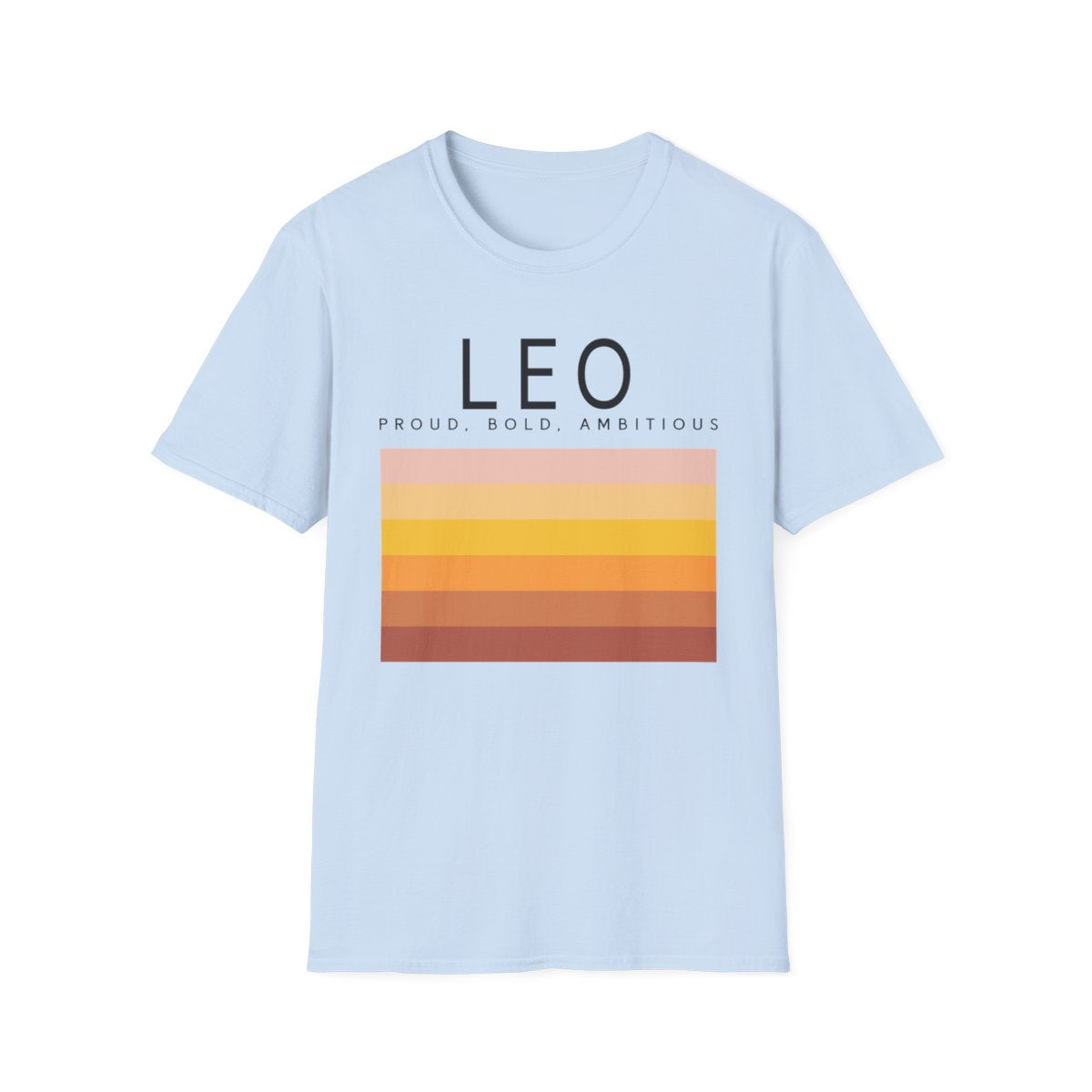 light blue t-shirt displaying leo zodiac design worn casually