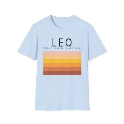 light blue t-shirt displaying leo zodiac design worn casually
