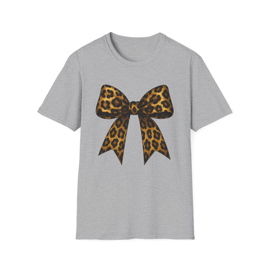 white t-shirt with bold leopard and bow print detail
