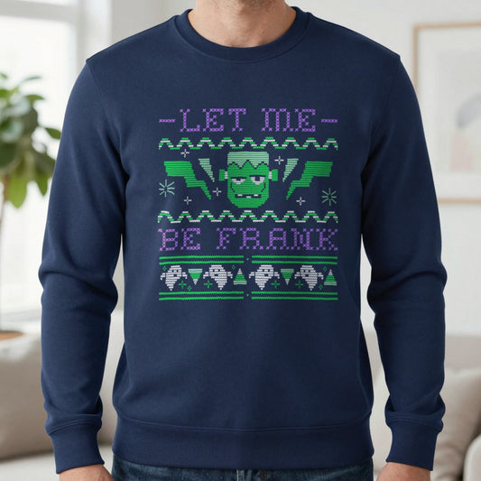 Let Me Be Frank Halloween Sweatshirt in Navy, worn, our photo