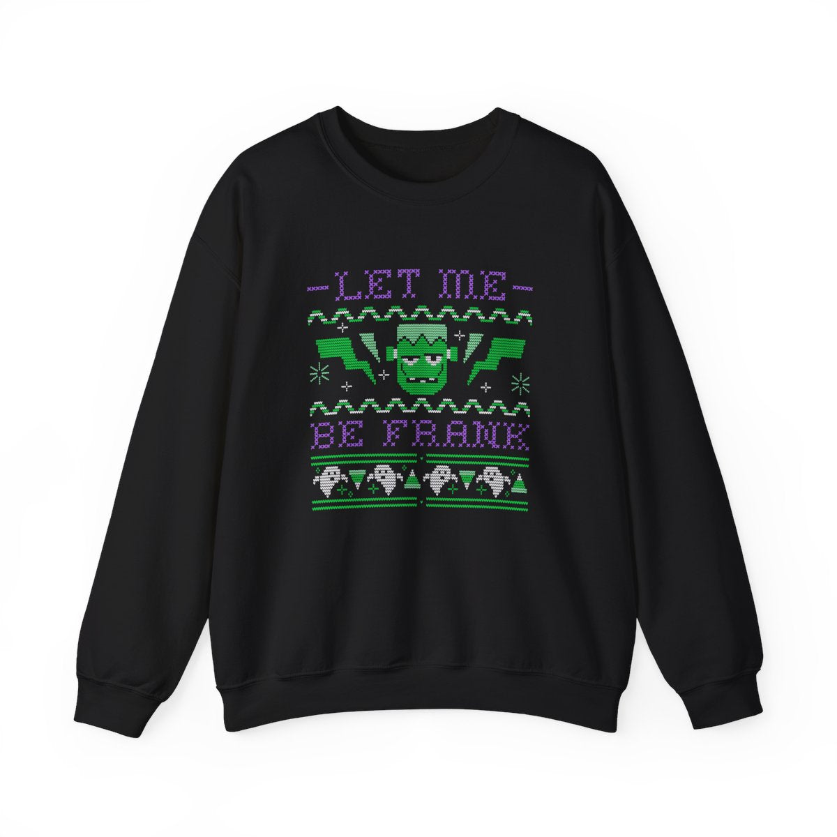 navy sweatshirt with let me be frank funny frankenstein halloween design