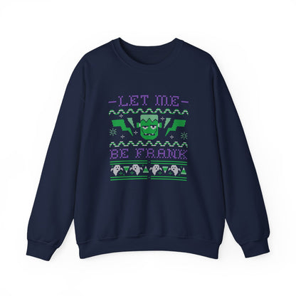 forest green sweatshirt with cheeky frankenstein let me be frank halloween print