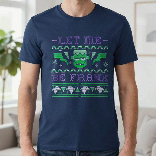 Let Me Be Frank Halloween T-Shirt worn, lifestyle photo