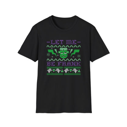 navy t-shirt with let me be frank frankenstein funny halloween design