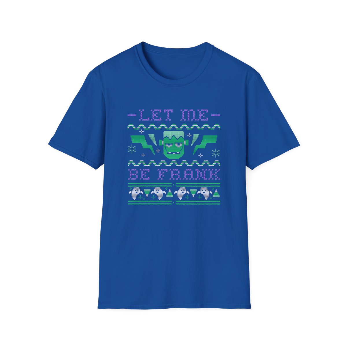 royal blue t-shirt with spooky frankenstein pun design