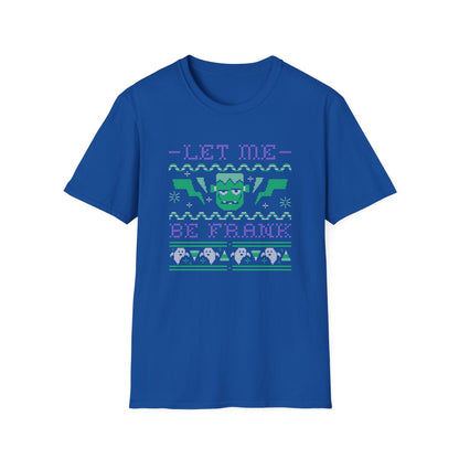 royal blue t-shirt with spooky frankenstein pun design
