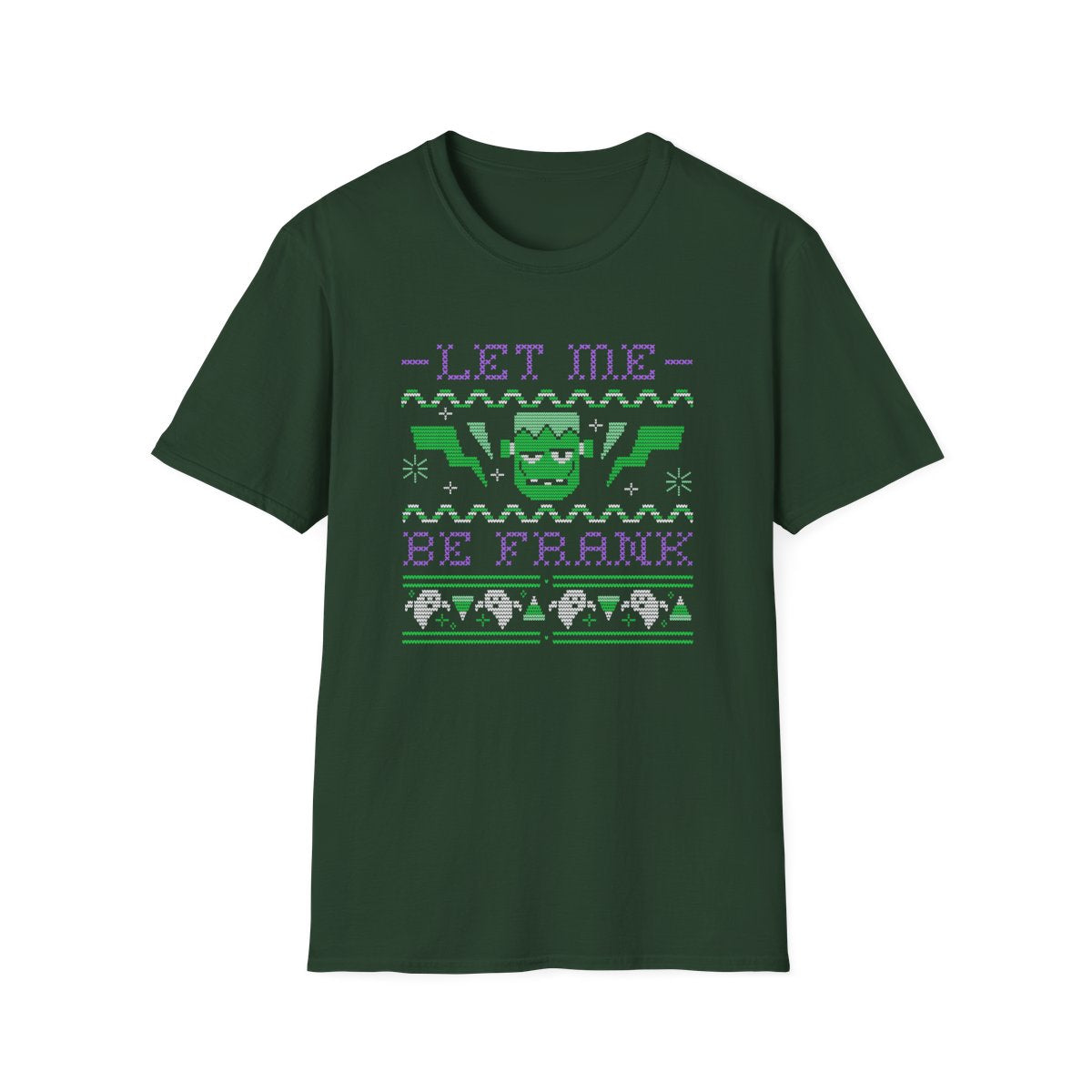 forest green t-shirt with let me be frank monster halloween artwork