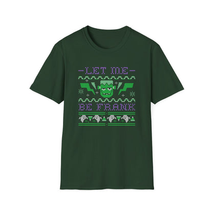 forest green t-shirt with let me be frank monster halloween artwork