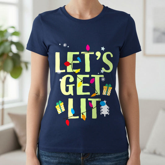 Let’s Get Lit Christmas T-Shirt worn, lifestyle photo